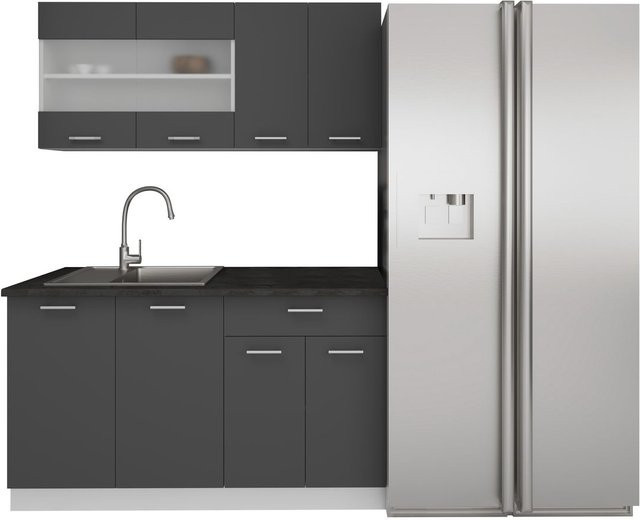 VCM Esilo 4-tlg. Singleküche Küchenzeile in Anthrazit und Weiß mit Glastüren, Breite: 140 cm, Tiefe: 60 cm, Höhe: 145 cm - Bild 1