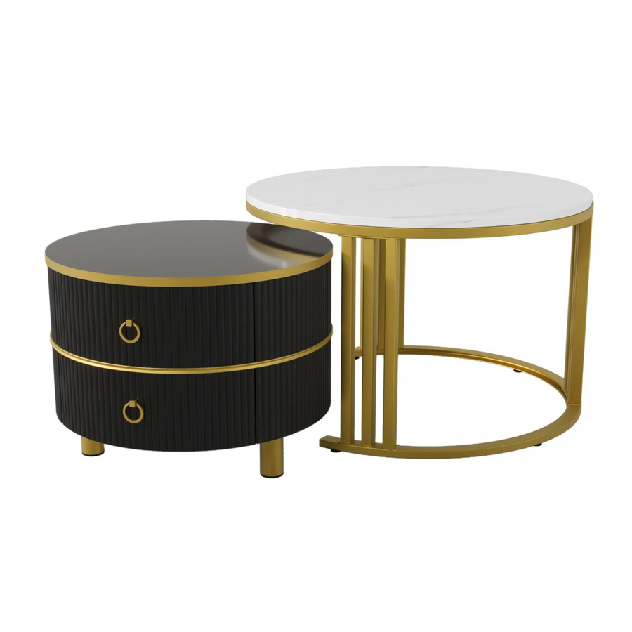 okwish Couchtisch Beistelltisch mit 2 Schubladen in Schwarz mit Marmormuster, rund, B/T/H: 70 x 70 x 46 cm - Bild 2