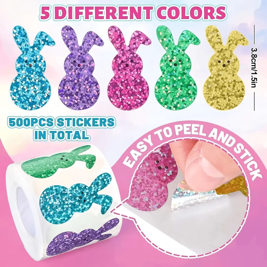 500 Stück Osterhasen-Aufkleber in Regenbogen-Glitzer-Optik, bunte Frühlings-Party-Etiketten aus Papier, Beige und Multicolour - Bild 2