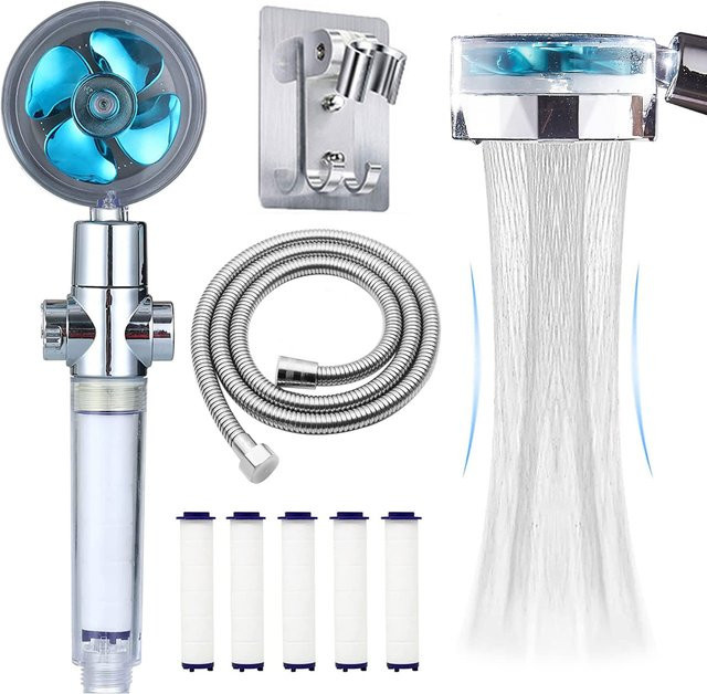 IOUHAPPY Turbo-Duschkopf Set in Chrom und Silber mit 360 Grad Drehbarkeit, Hochdruck-Wasserspar-Sprühkopf und Filter, Handbrause mit Schlauch und Halterung - Bild 1