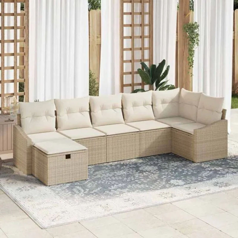 7-teiliges Garten-Sofa-Set aus Polyrattan in Beige von Vidaxl, Loungemöbel B: 55 cm, T: 62 cm, H: 69 cm - Bild 1