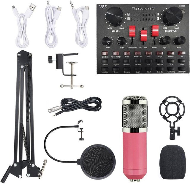 Aimo Multifunktionales Live-Soundkarten Mikrofonset BM800 mit Bluetooth in Rosa und Silber - Bild 1