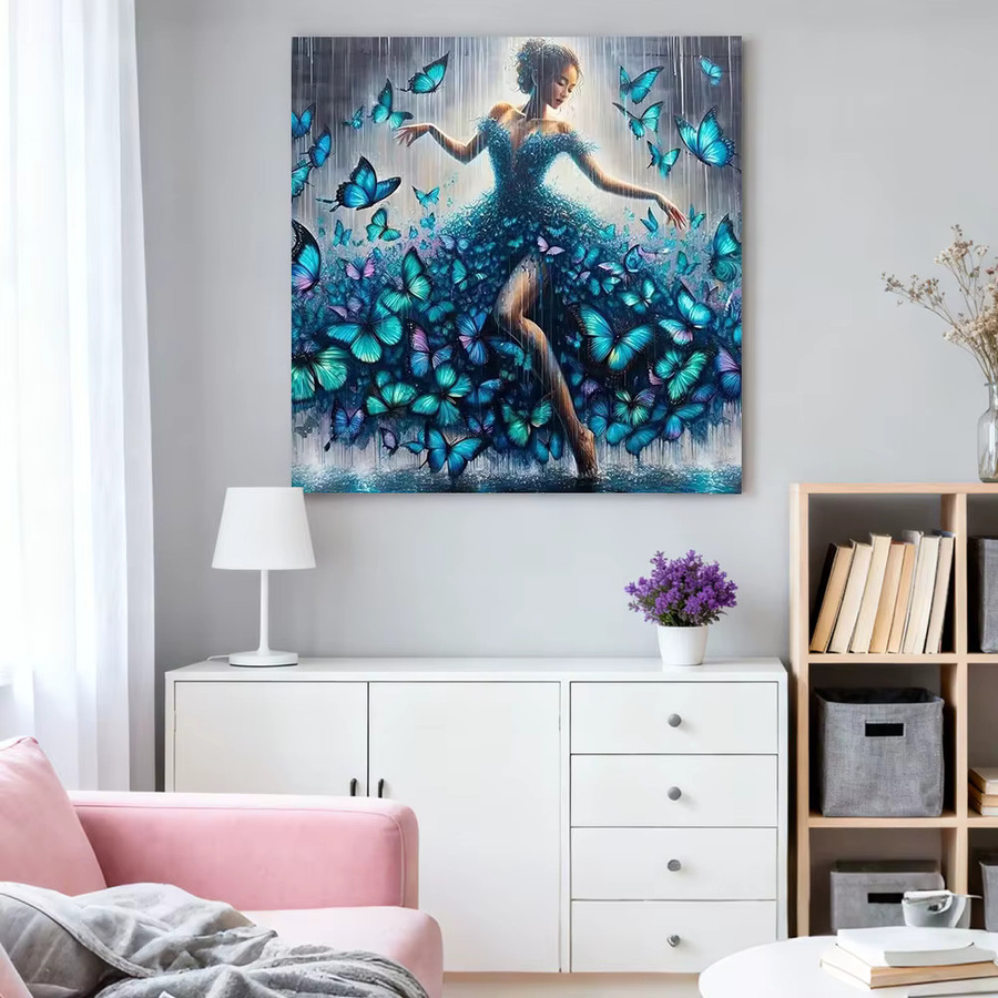 HUACAN Diamant Mosaik 5D Set mit Frauenporträt und Schmetterling in Blau, runde Leinwand-Diamantmalerei zur Dekoration - Bild 3
