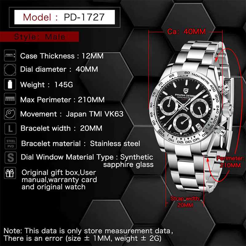 PAGANI DESIGN Chronograph, Quarz, Edelstahl, Schwarz, 40 mm, Herren - Bild 4