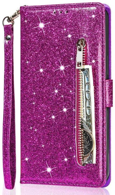 Glitzer-Portemonnaie Lederhülle mit Reißverschluss für Samsung Galaxy S25 S26 S24 S23 Ultra S21 FE S20 FE A16 A17 A36 A34 A35 A37 5G A52 A53 A54 A55 A56 A57 in Violett - Bild 1
