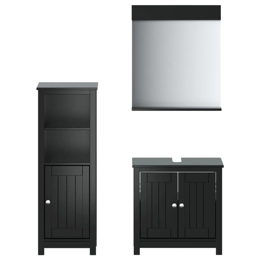 vidaXL 3-tlg Badmöbel-Set BERG aus Massivholz Kiefer in Schwarz, bestehend aus Waschtischunterschrank, Hochschrank und Spiegelschrank im rustikalen Design - Bild 2