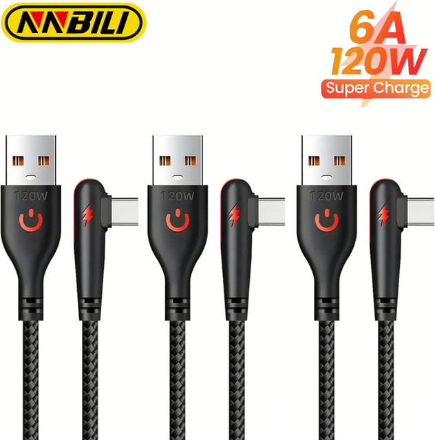 NNBILI USB-C Schnellladekabel mit 90-Grad-Winkel, 120W Ladeleistung, in Schwarz oder Blau - Bild 1