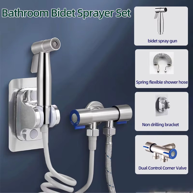 Bidet-Sprühset für das Badezimmer mit Doppelsteuerung, doppeltem Auslasshahn und 1,5 m langem Schlauch in Silber - Bild 2