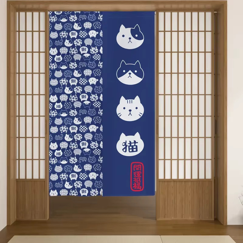 VIKAMA Japanischer Noren-Türvorhang mit Glückskatzen-Motiv in Blau-Weiß als Raumteiler für Eingangsbereich, Küche oder Esszimmer, Breite: 90,0 cm, Höhe: 65,0 cm - Bild 2