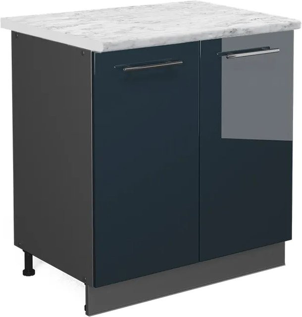 Vicco Spülenunterschrank Fame-Line in Dunkelblau Hochglanz mit Arbeitsplatte in Weiß-Marmor, Breite: 80 cm - Bild 1