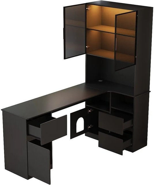 okwish Eckschreibtisch mit LED-Vitrine und Haustierfach in Schwarz, B/T/H: 120 x 80 x 180 cm - Bild 1