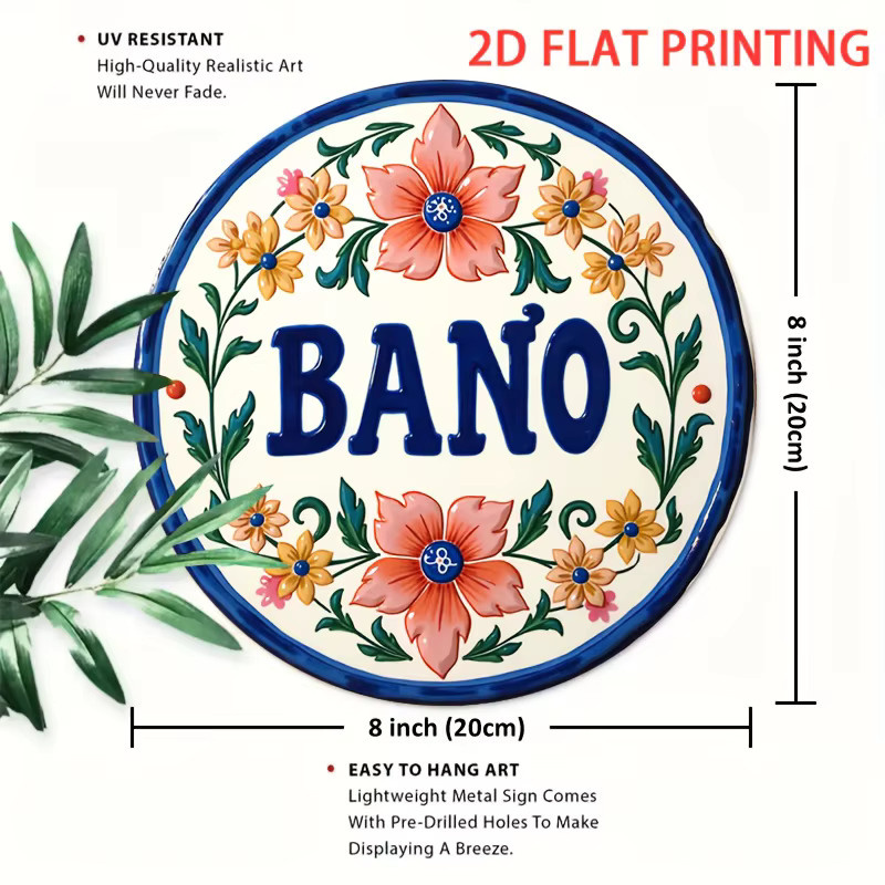 Rundes mexikanisches Talavera-Blechschild von Potdemiel mit blau-orangefarbenem Blumenmuster und Bano-Schriftzug, Durchmesser: 20,3 cm - Bild 3