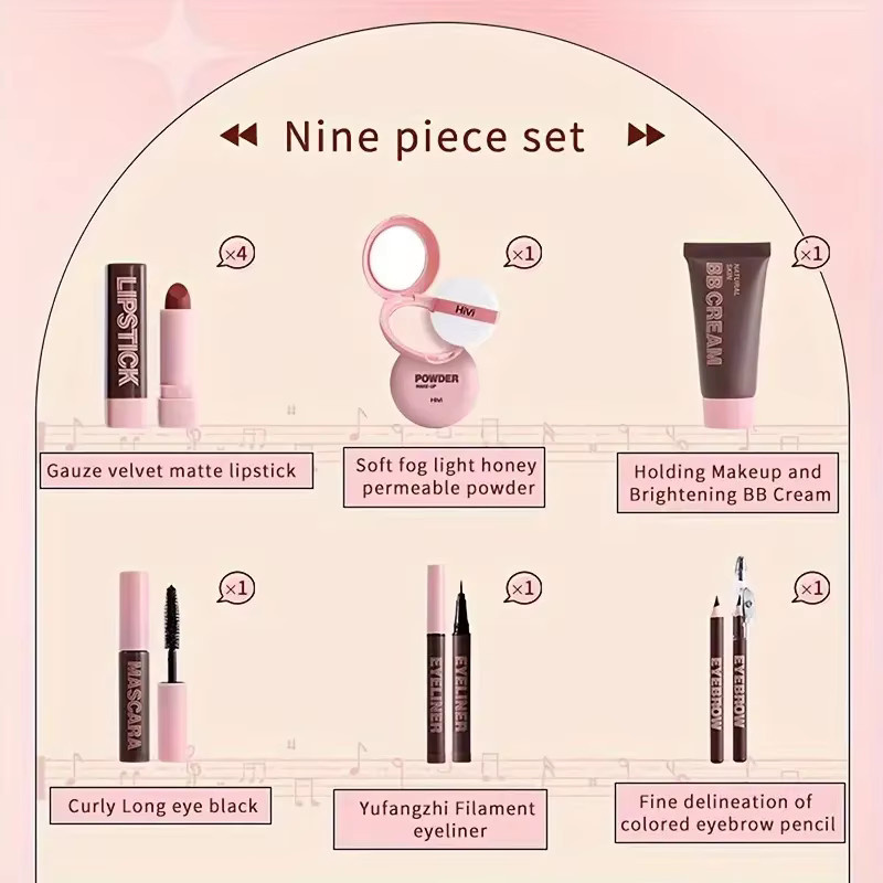 VERONNI Make-up-Geschenkset, 9-teilig, Puder, Lippenstift, Matt, Damen - Bild 2