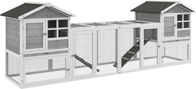 PawHut Kaninchenstall aus Holz mit Außengehege und Rampe, Grau, B: 259 cm, T: 64 cm, H: 92 cm - Bild 1