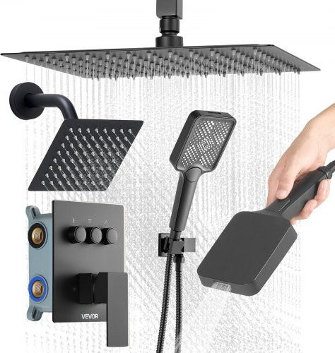 VEVOR Duschsystem-Set in Mattschwarz mit Regenduschkopf, Wandmontagekopf, 4 in 1 Handbrause und Messingventil - Bild 1