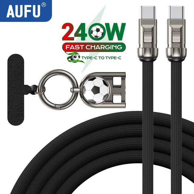 AUFU 2-in-1 USB-C auf USB-C Schnelllade-Datenkabel 240W mit Lanyard-Anti-Verlust-Seil in Orange - Bild 1