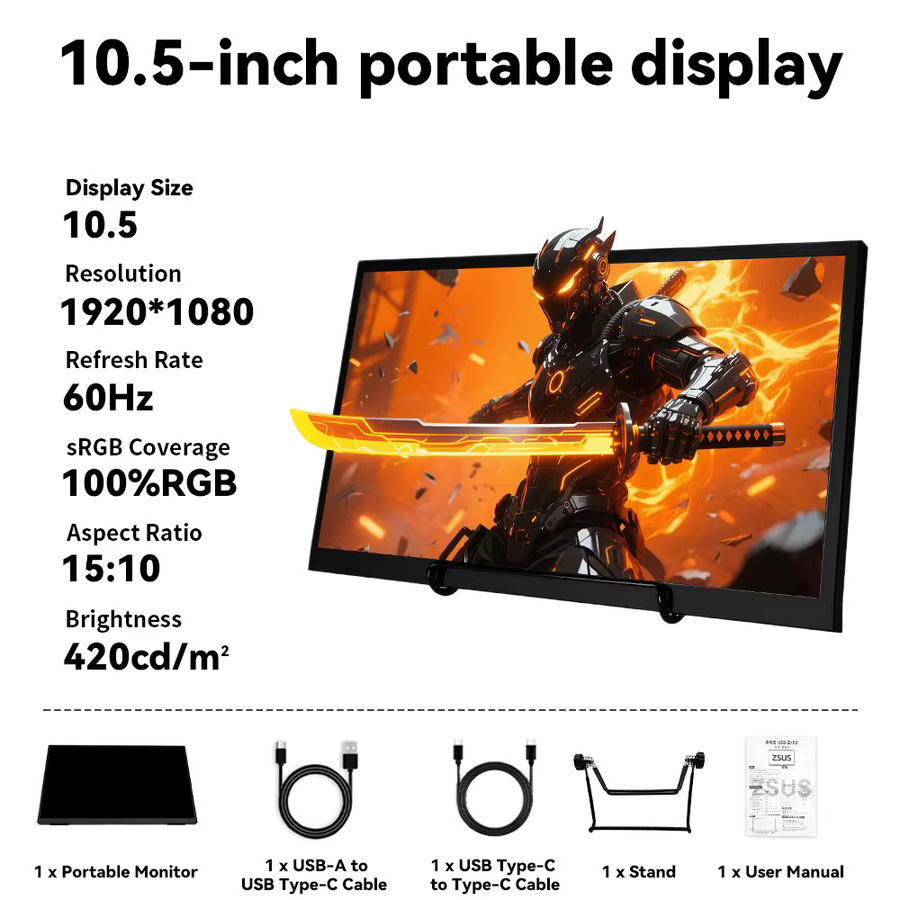 SOYO Tragbarer Monitor 10,5 Zoll FHD-Display mit 100 % sRGB-Farbraum in Schwarz für Laptop, Xbox und PS5 - Bild 3
