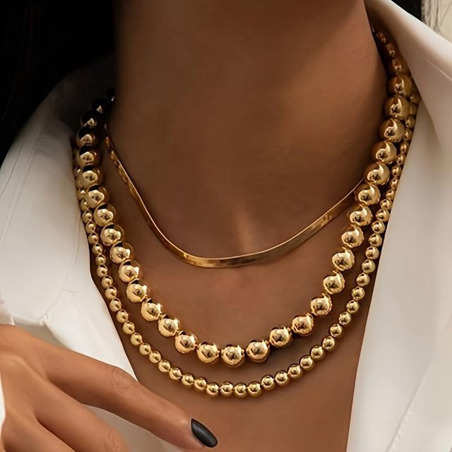 3-teiliges Schlangenketten-Halsband, Perlen, Messing, Gold, Damen - Bild 1