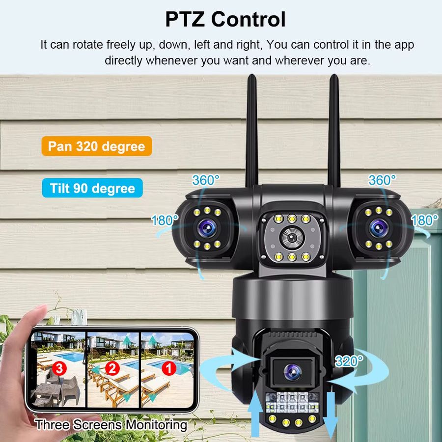 V380 WiFi IP PTZ Kamera Outdoor mit 12MP 6K Auflösung, Drei-Objektiv-System und Nachtsicht, Schwarz - Bild 4