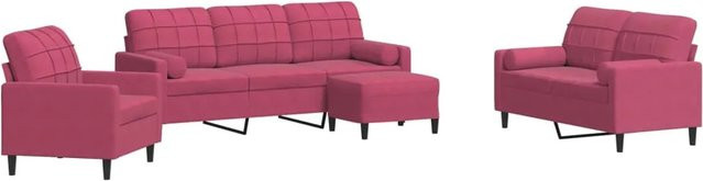 vidaXL 4-teilige Sofagarnitur aus Samt in Weinrot mit 3-Sitzer-Sofa, 2-Sitzer-Sofa, Sessel, Fußhocker und Nackenkissen - Bild 1