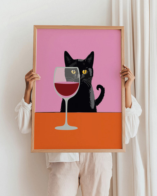 SHENCHEN Wandbild mit Motiv einer Katze und Wein in Schwarz, Pink und Orange, modernes rechteckiges Wanddekor für Küche und Bar - Bild 1