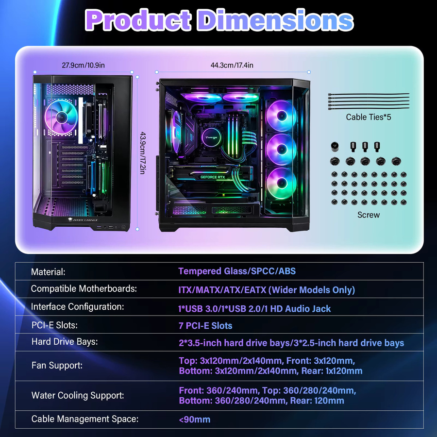 AS-01 ATX Desktop-Computergehäuse in Schwarz mit gehärteten Glas-Seiten- und Vorderwänden und 5 Festplattenslots für ITX, MATX und EATX Motherboards - Bild 3