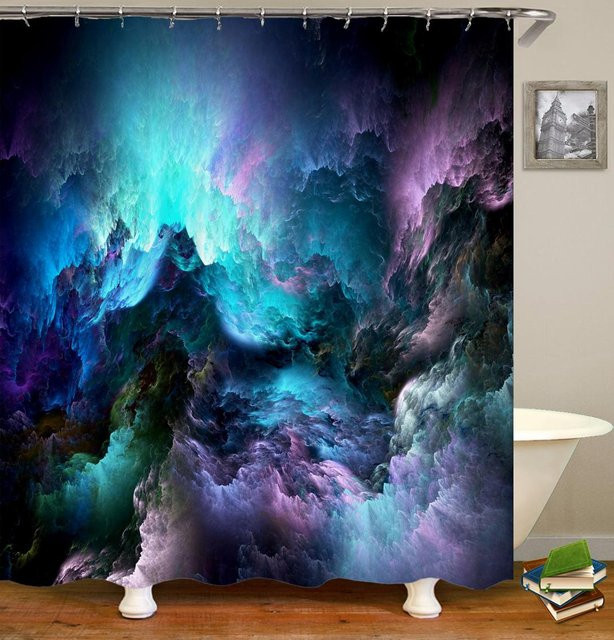 Wasserdichter Duschvorhang mit 3D-Druck Leuchtturm und Galaxy-Sternenhimmel aus Polyestergewebe, Multicolor, Breite: 90 cm, Höhe: 180 cm - Bild 1