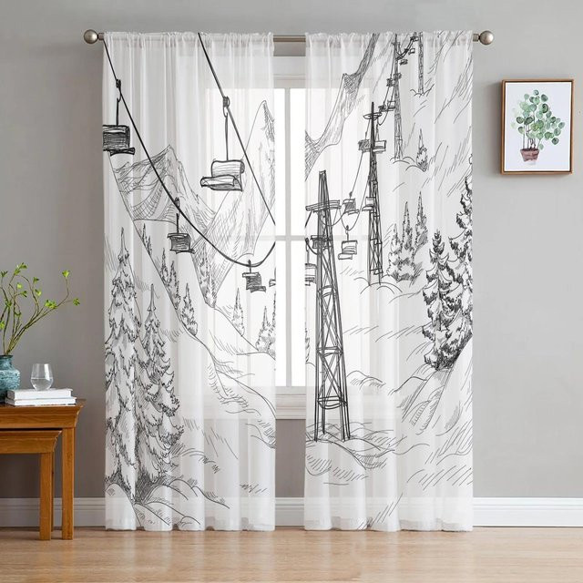 Yiran Furniture Transparentes Tüll-Fenstervorhang mit Espenbäumen im Schnee, Weiß, B: 135 cm, H: 115 cm - Bild 1