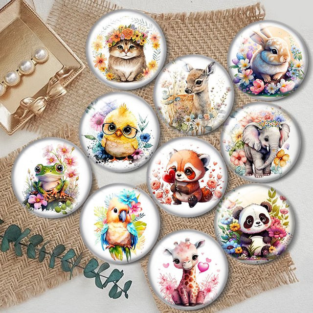 Glas Cabochon mit Foto, Blumen Tiere Elefant Papagei Panda Frosch, rund - Bild 1