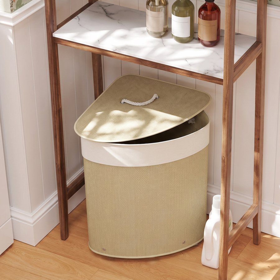 HOMCOM Bambus Wäschekorb mit Deckel und herausnehmbarem Wäschesack, Eck-Wäschesammler für Badezimmer und Waschküche, 55 l, Creme/Beige - Bild 2