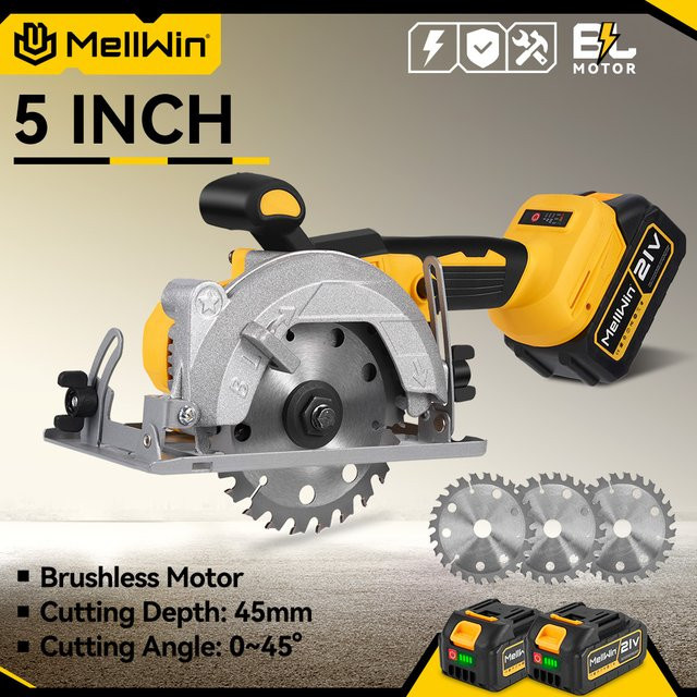 MELLWIN 5 Zoll bürstenlose elektrische Kreissäge Akku-Mehrwinkelsäge Holzbearbeitungs-Elektrowerkzeug-Set kompatibel mit Makita 18 V Akku-Pin - Bild 1