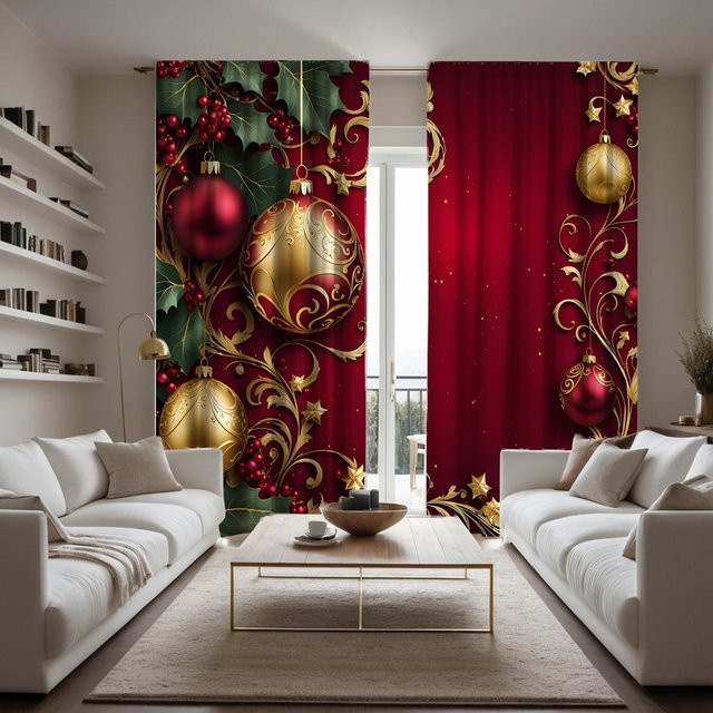 2er-Set Weihnachts Vorhang mit Stechpalmenbeeren und Tropfenkugeln in Rot, Grün und Braun, B: 132 cm, H: 160 cm - Bild 1