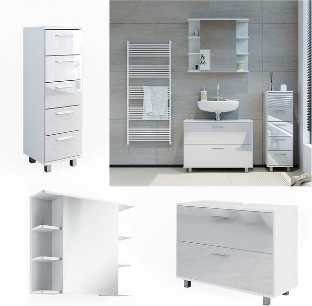 Vicco Badmöbel-Set Ilias in Weiß Hochglanz, bestehend aus Waschtischunterschrank, Spiegelschrank und Midischrank - Bild 1