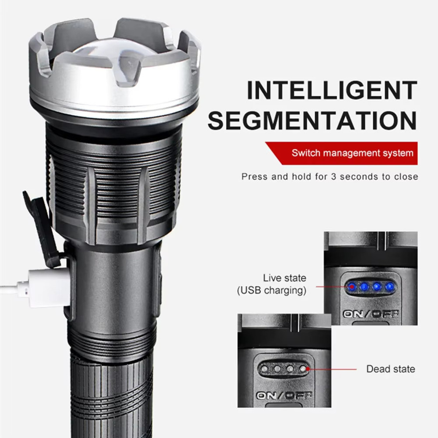 ASORT LED-Taschenlampe mit XHP360+COB, leistungsstarke Zoom-Laterne aus Aluminium mit USB-Aufladung, Schwarz - Bild 3