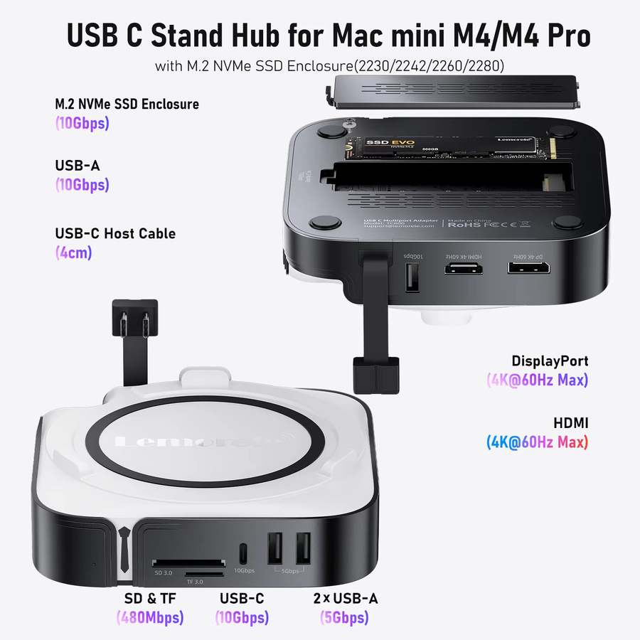 Lemorele 9-in-2 USB-Hub-Dockingstation für Mac Mini M4 mit HDMI, DisplayPort 4K 60Hz, M.2 NVMe SSD Slot, USB-A & USB-C sowie SD/TF Kartenleser - Bild 3