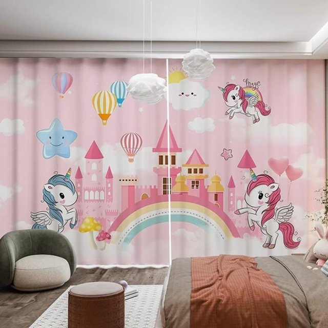 Yiran Furniture Einhorn Vorhang für Kinder und Mädchen in Rosa mit Regenbogen und Cartoon-Tier-Motiv, 2er-Set, B/H: 85 x 200 cm, inklusive Haken - Bild 1