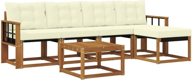 vidaXL Outdoor-Sofagarnitur 6-teilig L-Form aus Akazienholz in Braun und Beige mit Kissen und Couchtisch - Bild 1