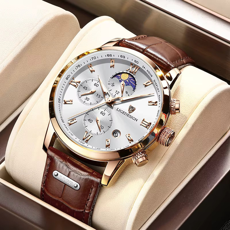 LIGE Armbanduhr Damen, Quarz, Leder, Roségold, Mondphase - Bild 5