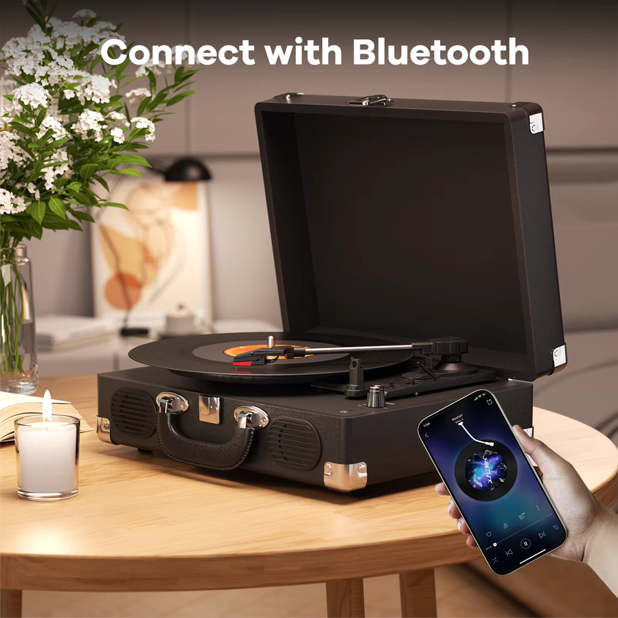 Maio S100 Riemengetriebenes Vintage-Grammophon in Schwarz mit eingebautem Lautsprecher und 3 Geschwindigkeiten für High-Fidelity-Stereo - Bild 5