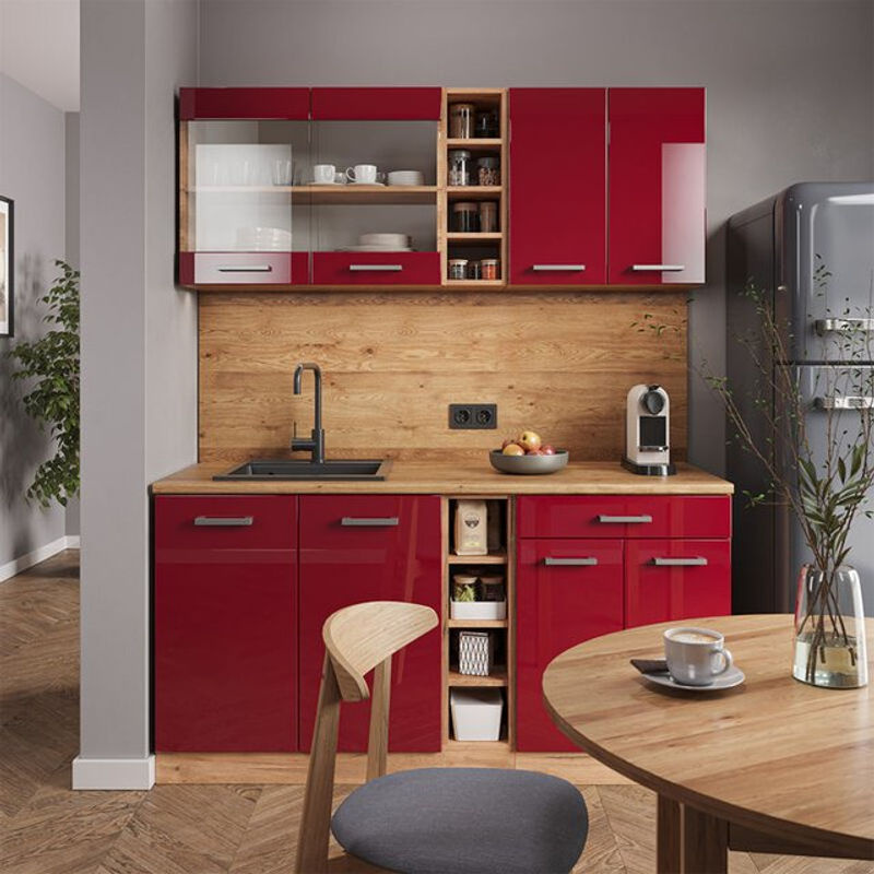 Vicco R-Line Single Küchenzeile Einbauküche in Eiche Bordeaux Hochglanz mit Goldakzenten, Breite: 160 cm - Bild 2