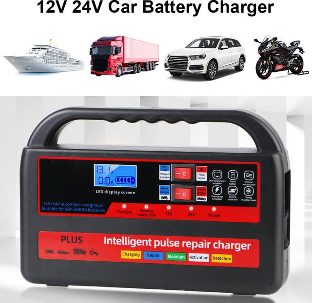 Intelligentes Puls-Ladegerät für Auto und Motorrad mit Digital-LCD-Display, 12V/24V, Schwarz - Bild 1