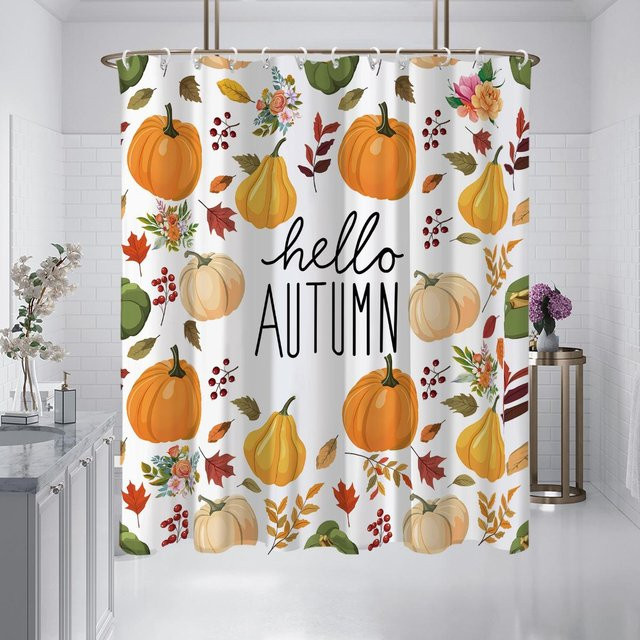 Wasserfester und schimmelresistenter Duschvorhang mit Herbst-Kürbismuster von Household supplies MH in Weiß, B x H: 180 x 180 cm - Bild 1