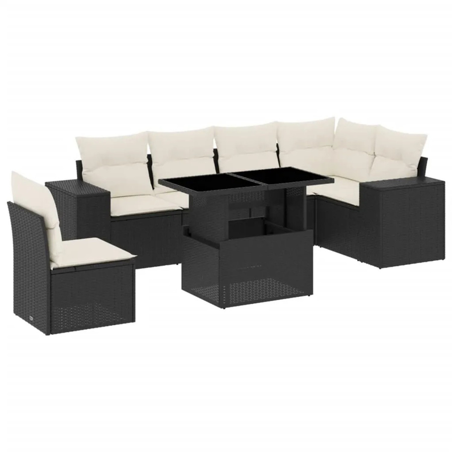 vidaXL 7-teilige Garten-Sofagarnitur in L-Form aus Poly-Rattan und pulverbeschichtetem Stahl in Schwarz mit Kissen - Bild 2