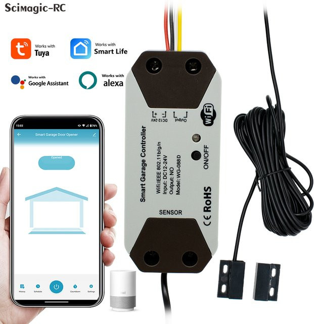 Scimagic-RC Tuya Smart WiFi Garagentoröffner mit 12V/24V DC Motorsteuerung, Timer und Echtzeit-Statusalarm, kompatibel mit Alexa und Google Home - Bild 1