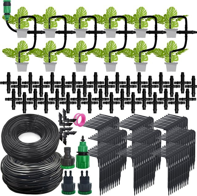 Automatisches Tropfbewässerungssystem für Gewächshaus und Garten in Schwarz mit 4-Wege-Schläuchen für Topfpflanzen, Gemüse und Bonsai - Bild 1