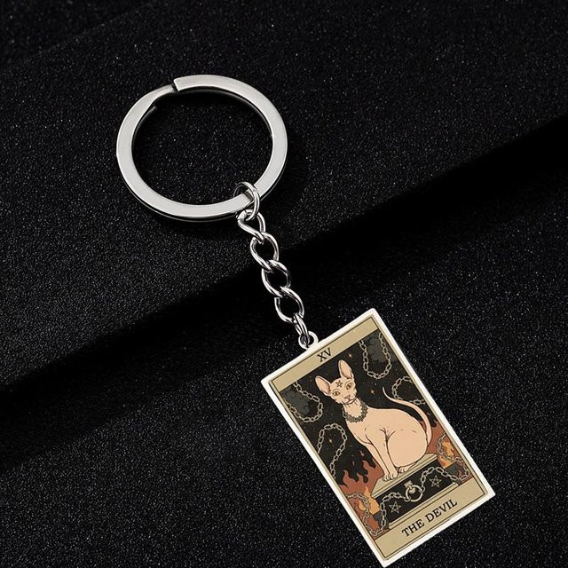 Schlüsselanhänger Katze Tarotkarten, Edelstahl, Schwarz, Unisex - Bild 1