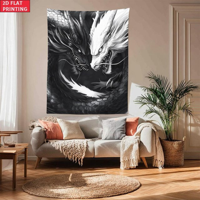 Wandteppich mit Drachen Yin Yang Motiv im Tattoo-Stil von JMG Household Supplies, Schwarz-Weiß, Breite: 150 cm, Höhe: 200 cm - Bild 1