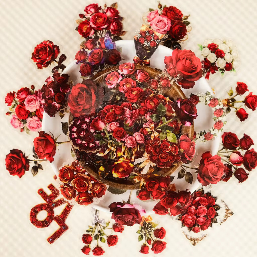 56 Stück rote Rosen-Blumen-Aufkleber aus transparentem PET in Herzform von AnimeWorlds Store - Bild 2