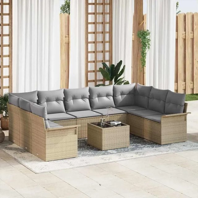 vidaXL Garten-Sofa-Set aus Poly Rattan und Stahl in Schwarz mit Kissen, 10-teiliges L-Shape Lounge-Set mit Tisch und Armlehnen - Bild 1