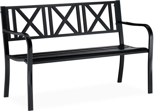 Relaxdays Gartenbank aus Stahl in Schwarz mit X-Muster für Garten, Balkon und Terrasse, B/T/H: 127 x 56 x 81 cm - Bild 1